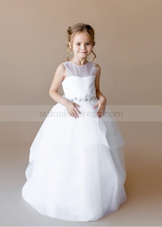 White Dots Tulle Keyhole Corset Back Flower Girl Dress With Beaded Belt